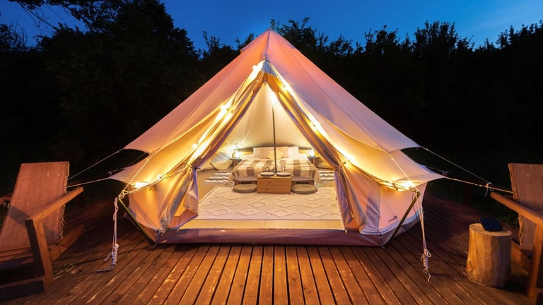 Luxury tent interior with lamps